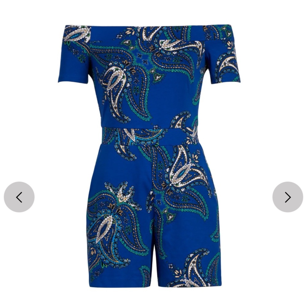 New York & Company Paisley Print Off-Shoulder Blue Romper SMALL